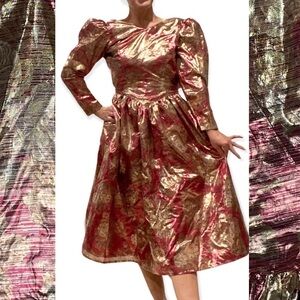 Vintage handmade 1960s metallic maroon red gold floral fit flare midi dress
